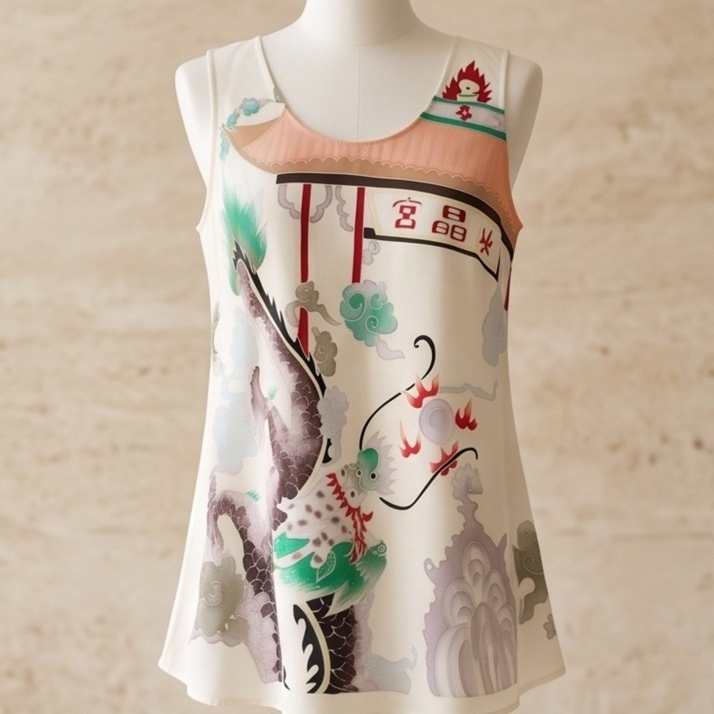 Citron Santa Monica M Vintage 90s Silk Dragon Asian Cream Tank Top Medium